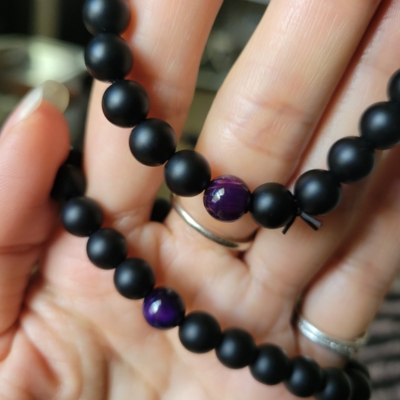 Black Onyx Amethyst Stone Mala Yoga Chakra Reiki Meditation Bracelet - Picture 2 of 5